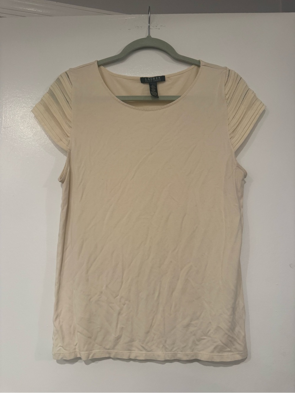Lauren Ralph Lauren Ivory Short Sleeve Knit Top with Pleated Cap Sleeves